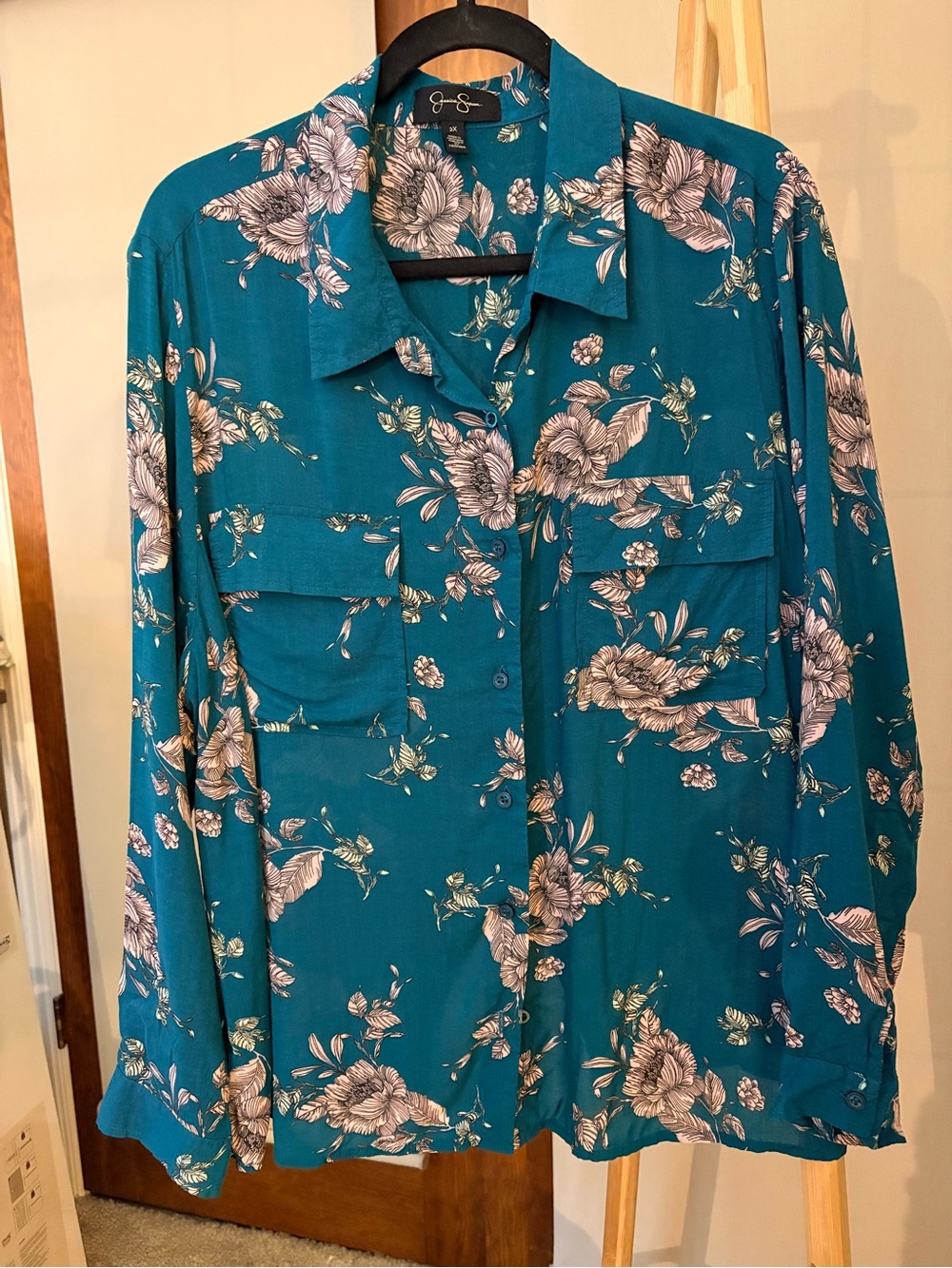 Teal Floral Button-Front Blouse with Wrap Open Back